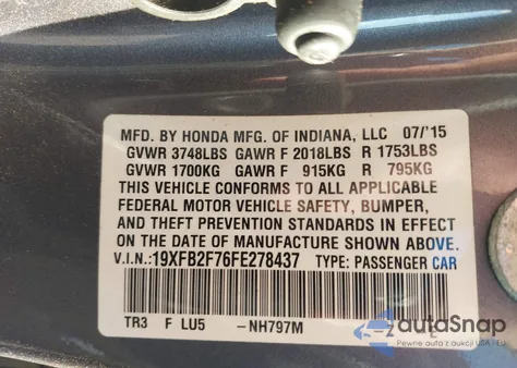 2015 Honda Civic Se from USA, damaged, VIN 19XFB2F76FE278437